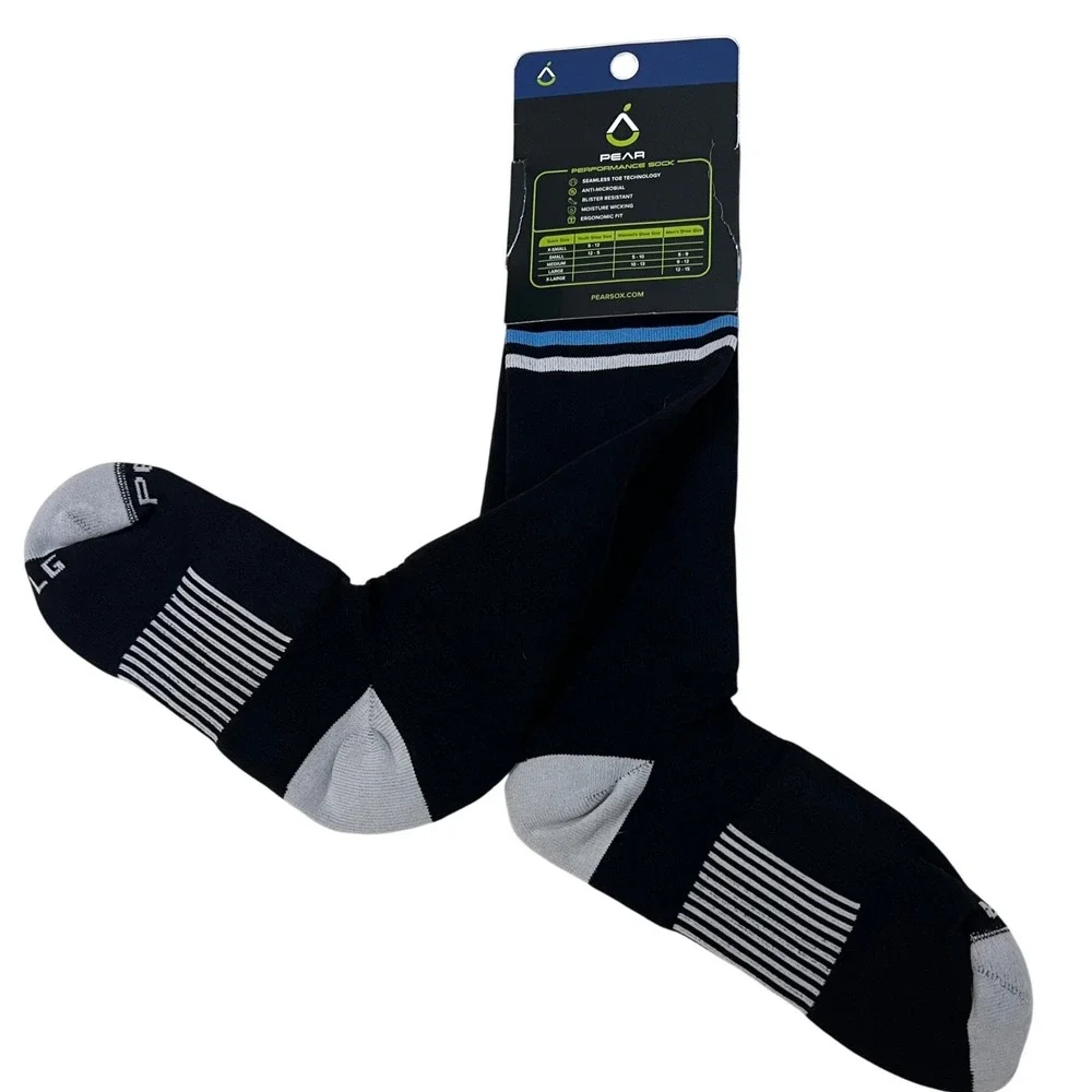 Pear Performance Socks Mens Large Black‎ Blue White Striped Over Calf Soccer NEW